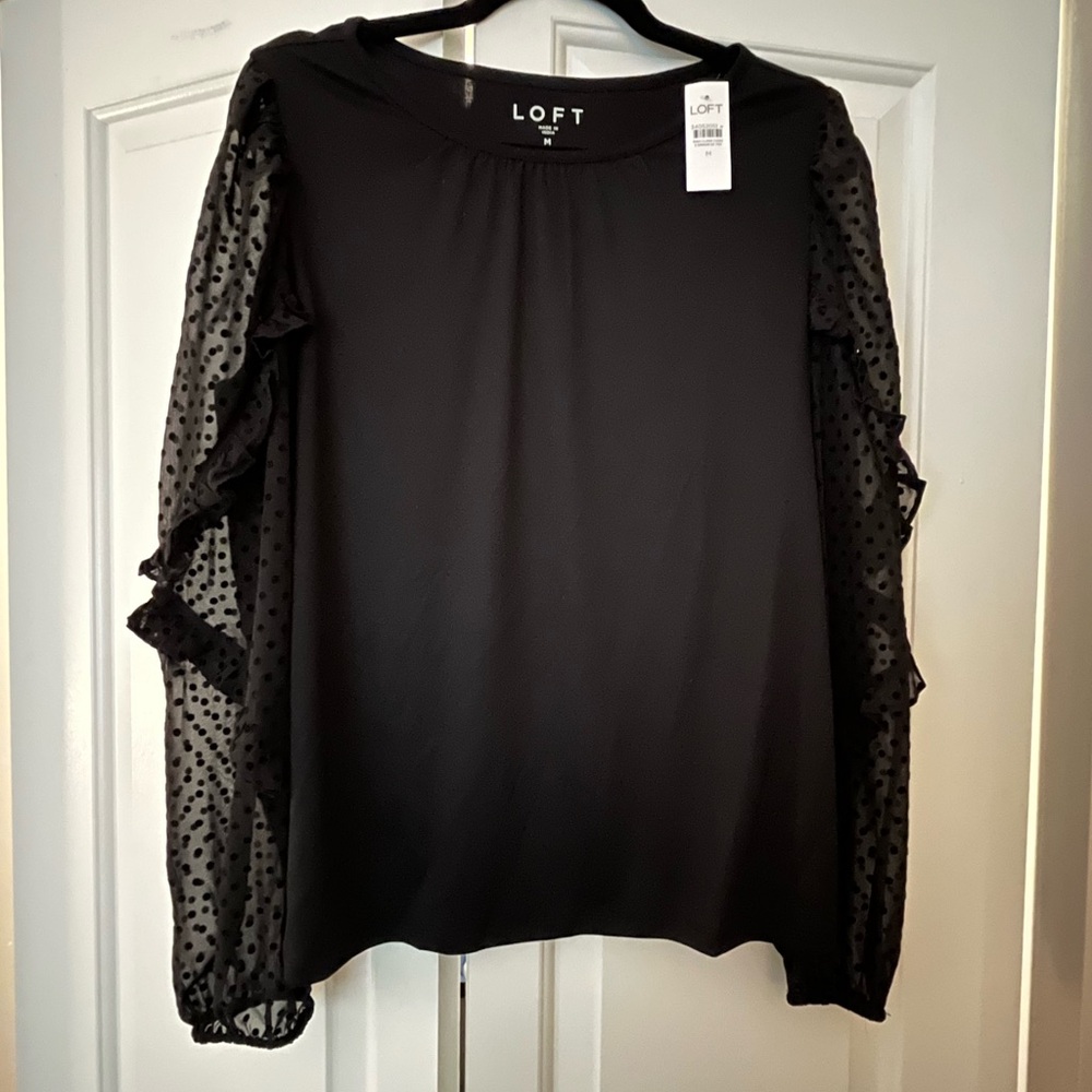 New with tags LOFT black cotton top with sheer polka dot & ruffled sleeves.